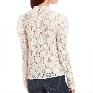WAYF Blouse Women S Cream Floral Lace Mock Neck Puff Sleeve Gold Button Romantic